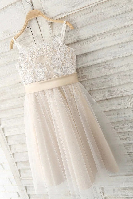 Spaghetti Straps A-Line Lace Tulle Flower Girl Dresses with Bow
