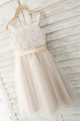 Spaghetti Straps A-Line Lace Tulle Flower Girl Dresses with Bow