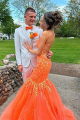 Orange V-Neck Spaghetti Straps Mermaid Tulle Prom Formal Dresses with Appliques