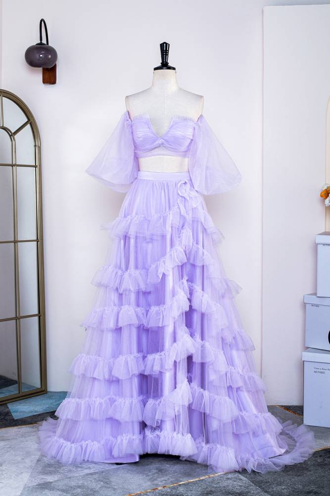Two-Piece Lavender A-Line Tulle Prom Dresses with Slit