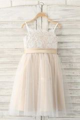 Spaghetti Straps A-Line Lace Tulle Flower Girl Dresses with Bow