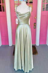 Sexy Cowl Neck A-Line Satin Formal Dresses with Ruffles