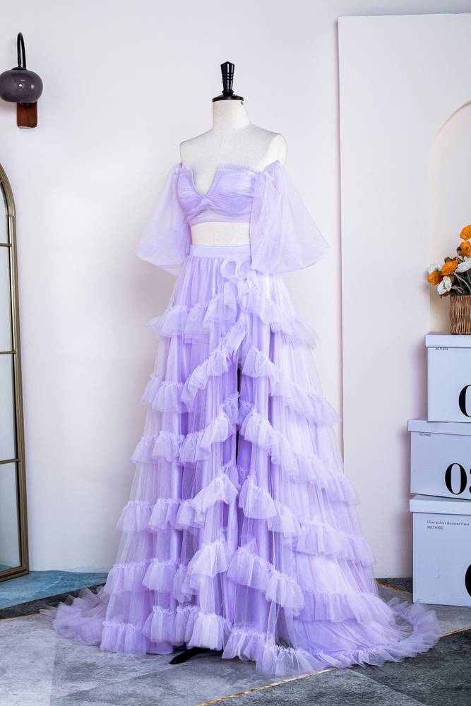 Two-Piece Lavender A-Line Tulle Prom Dresses with Slit