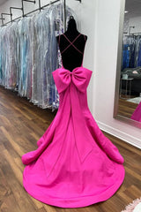  Fuchsia V-Neck Backless Mermaid Satin Prom Dresses with Bow