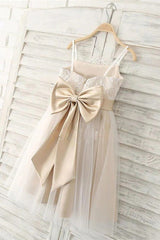 Spaghetti Straps A-Line Lace Tulle Flower Girl Dresses with Bow