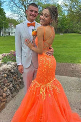 Orange V-Neck Spaghetti Straps Mermaid Tulle Prom Formal Dresses with Appliques