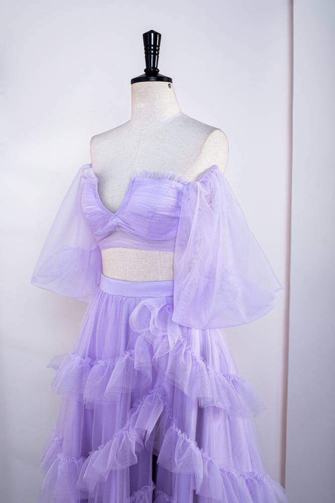 Two-Piece Lavender A-Line Tulle Prom Dresses with Slit