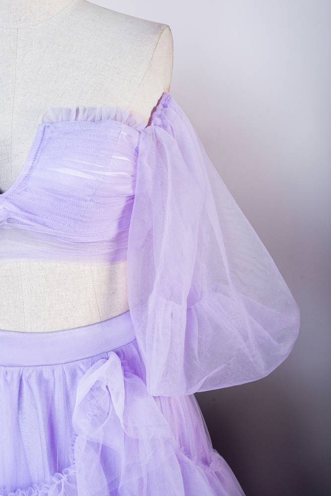 Two-Piece Lavender A-Line Tulle Prom Dresses with Slit