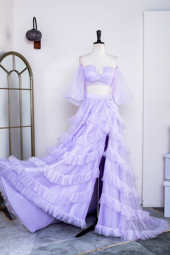 Two-Piece Lavender A-Line Tulle Prom Dresses with Slit