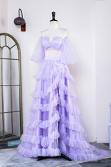 Two-Piece Lavender A-Line Tulle Prom Dresses with Slit