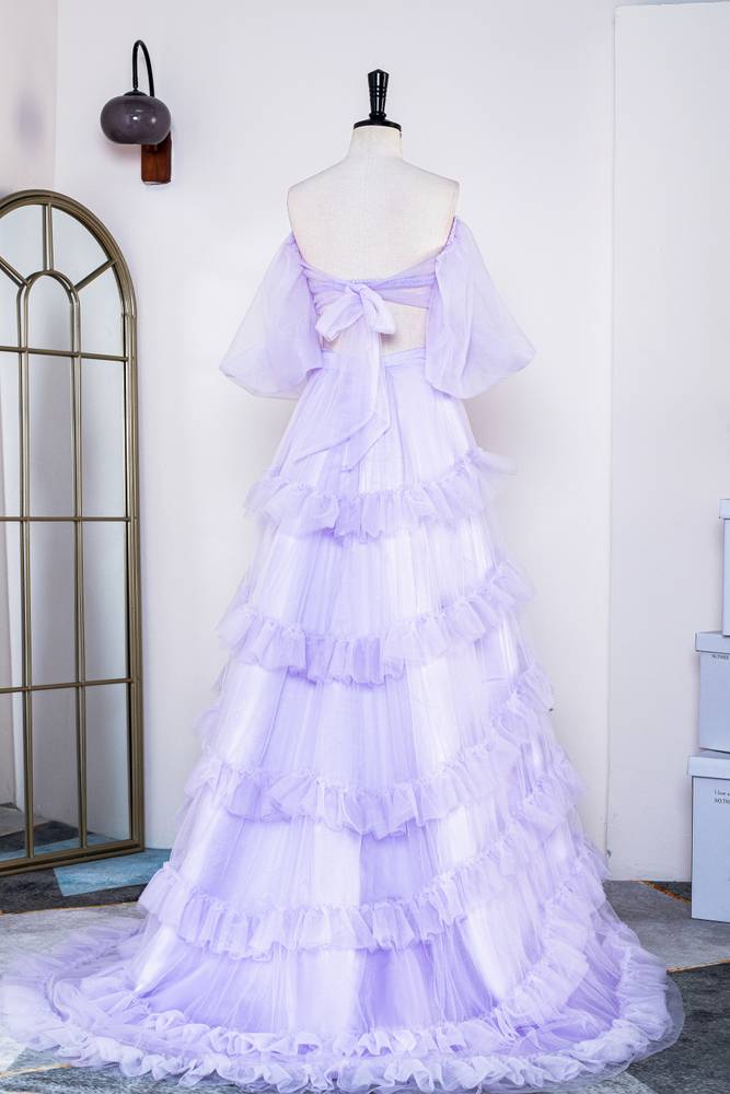 Two-Piece Lavender A-Line Tulle Prom Dresses with Slit