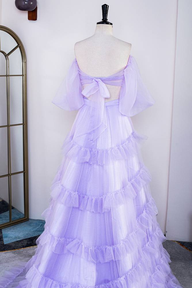 Two-Piece Lavender A-Line Tulle Prom Dresses with Slit