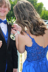 Royal Blue V-Neck Spaghetti Straps A-Line Satin Formal Dresses with Slit