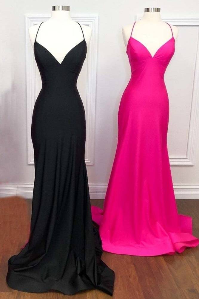 Black V-Neck Sleeveless Mermaid Satin Prom Dresses