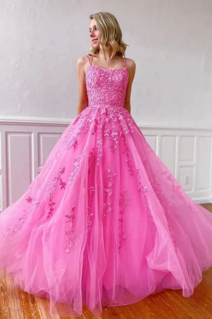 Fuchsia A-Line Tulle Spaghetti Straps Evening Prom Dresses with Appliques