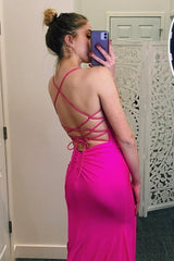Fuchsia V-Neck Sleeveless Mermaid Satin Prom Dresses