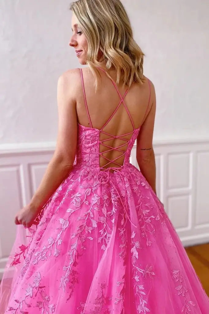 Fuchsia A-Line Tulle Spaghetti Straps Evening Prom Dresses with Appliques