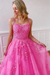 Fuchsia A-Line Tulle Spaghetti Straps Evening Prom Dresses with Appliques