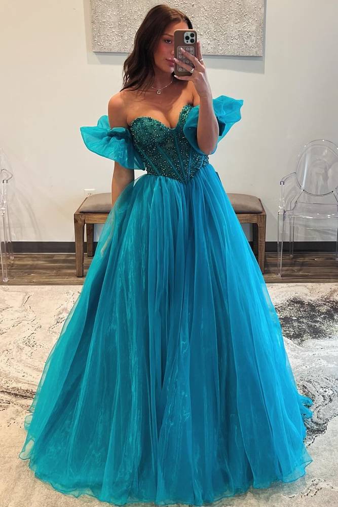 Floor-Length Strapless Ball Gown Tulle Formal Prom Dresses with Beads