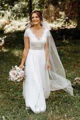 White A-Line Lace Chiffon Cap Sleeves Wedding Dresses