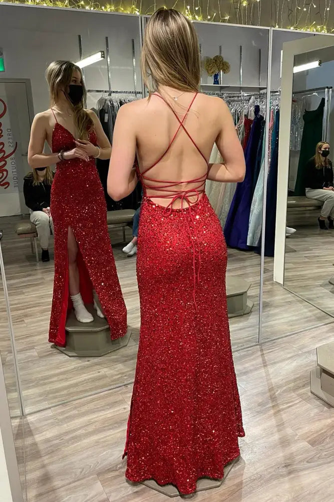 Red Sequined V-Neck Split Front Mermaid Prom Dresses