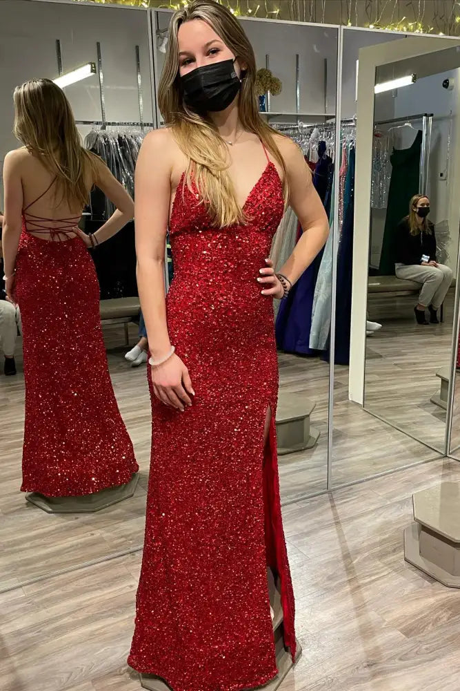 Red Sequined V-Neck Split Front Mermaid Prom Dresses