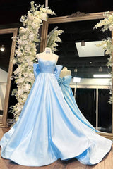 Light Blue Spaghetti Straps Long A-Line Satin Prom Dresses with Bow