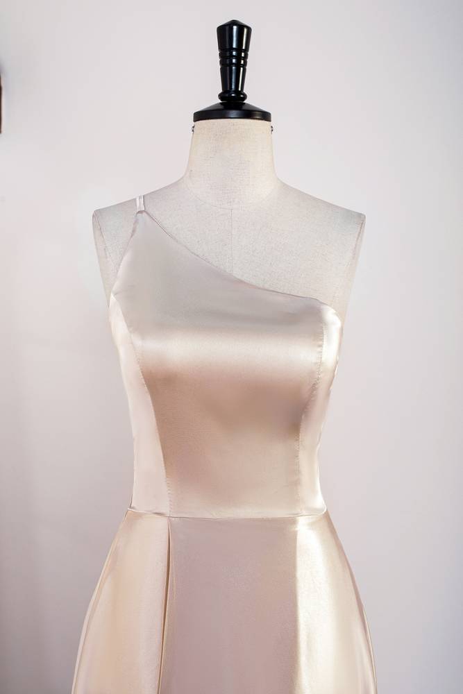 Champagne One-Shoulder A-Line Satin Prom Dresses