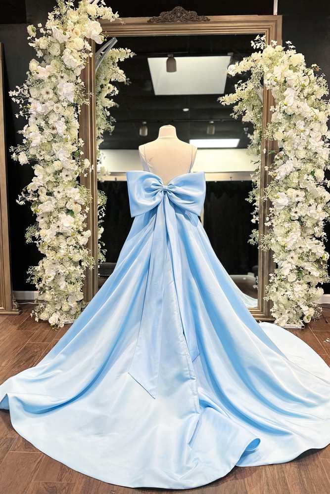 Light Blue Spaghetti Straps Long A-Line Satin Prom Dresses with Bow