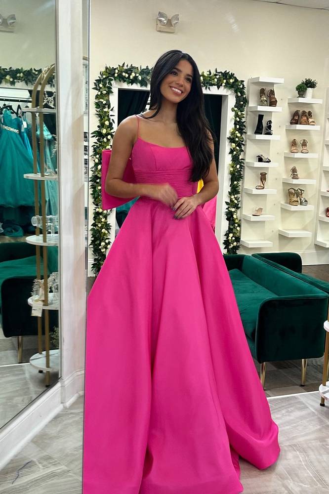Fuchsia Spaghetti Straps Long A-Line Satin Prom Dresses with Bow