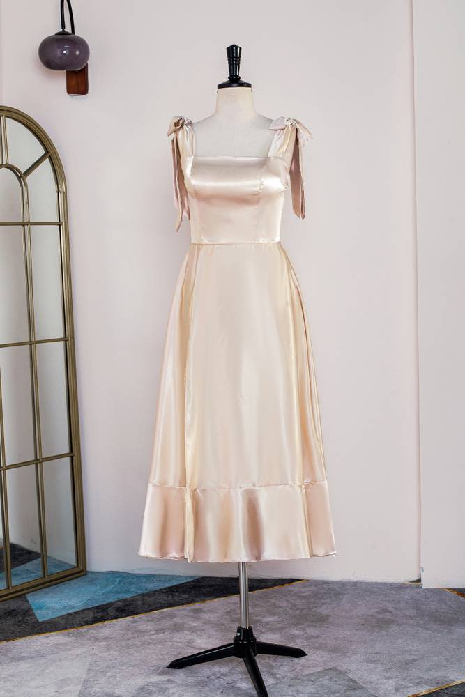 Champagne Square Neck A-Line Satin Formal Dresses
