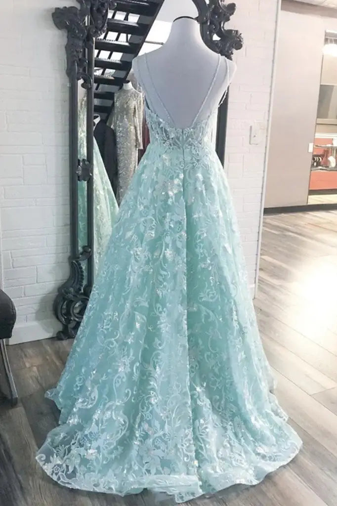 Mint Green A-Line Lace V-Neck Backless Party Dresses 