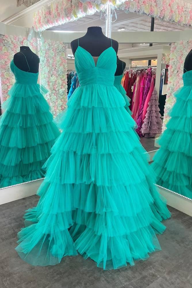 Jade Tiered V-Neck Sleeveless A-Line Party Formal Dresses