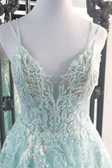 Mint Green A-Line Lace V-Neck Backless Party Dresses 
