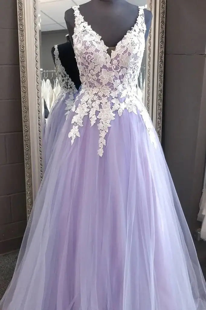 A-Line Tulle V-Neck Sleeveless Party Evening Dresses with Appliques