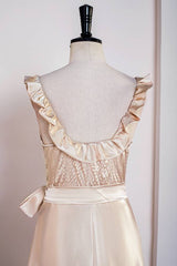 Champagne Scoop Neck Satin A-Line Prom Dresses with Sash