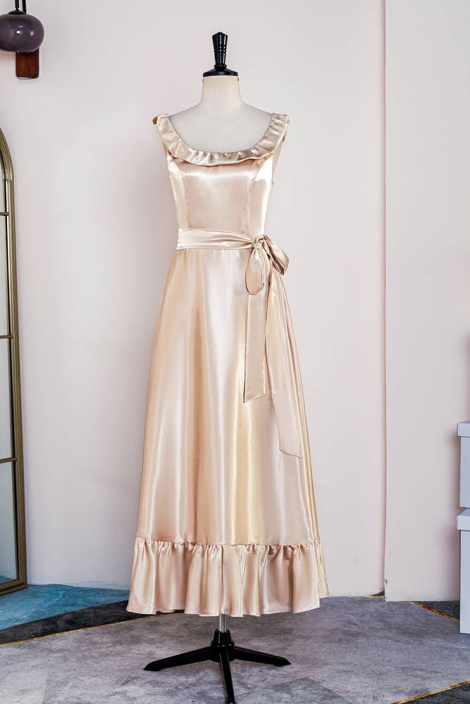 Champagne Scoop Neck Satin A-Line Prom Dresses with Sash