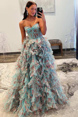Sweetheart Strapless Print A-Line Tulle Prom Dresses with Slit
