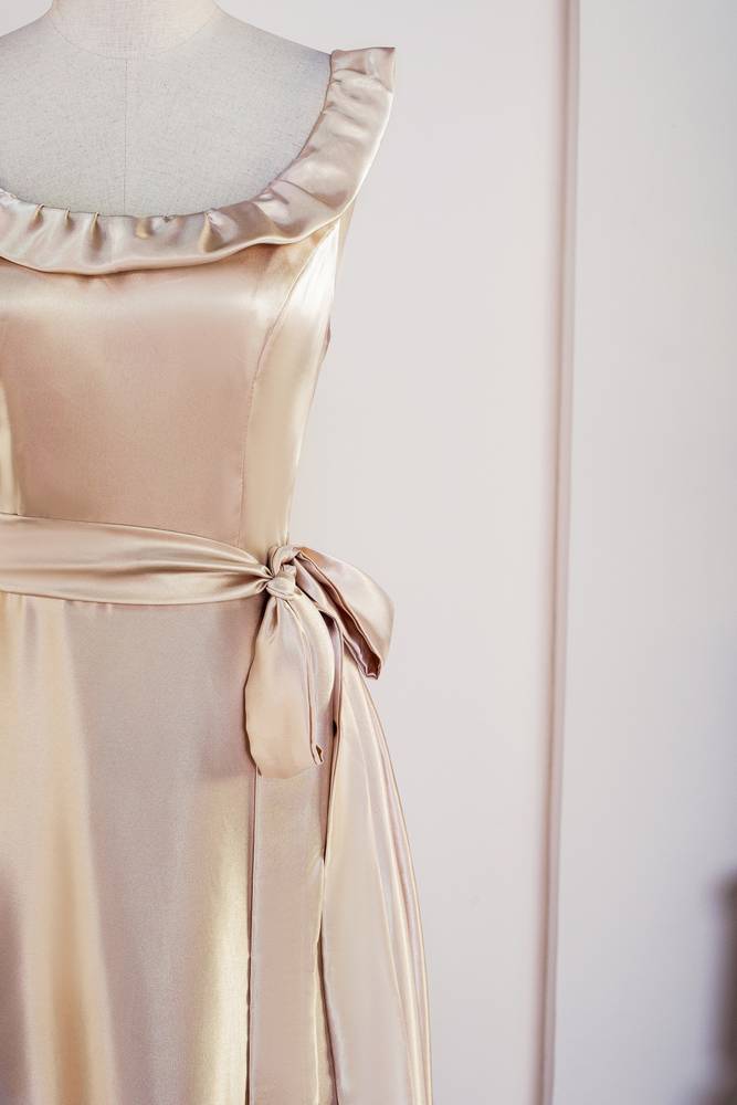 Champagne Scoop Neck Satin A-Line Prom Dresses with Sash