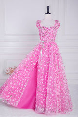 Beautiful Capped A-Line Lace Floral Formal Dresses with Slit