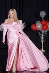Pink Strapless V-Neck Mermaid Satin Long Formal Prom Dresses with Slit