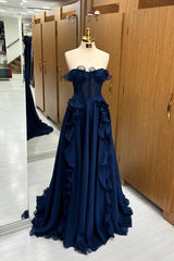 Dark Navy Strapless A-Line Tulle Formal Dresses with Buttons