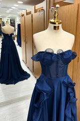 Dark Navy Strapless A-Line Tulle Formal Dresses with Buttons