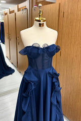 Dark Navy Strapless A-Line Tulle Formal Dresses with Buttons