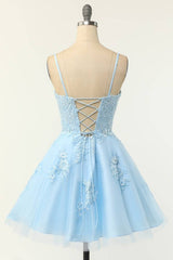 Sky Blue Square Neck A-Line Tulle Short Homecoming Dresses with Appliques