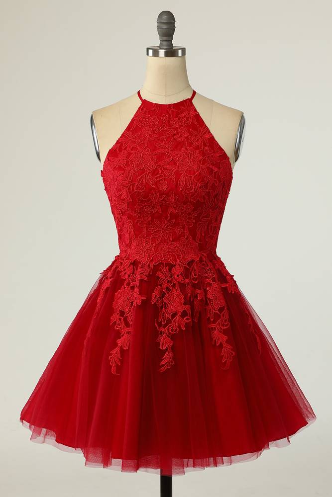 Red Crew Neck A-Line Tulle Homecoming Dresses