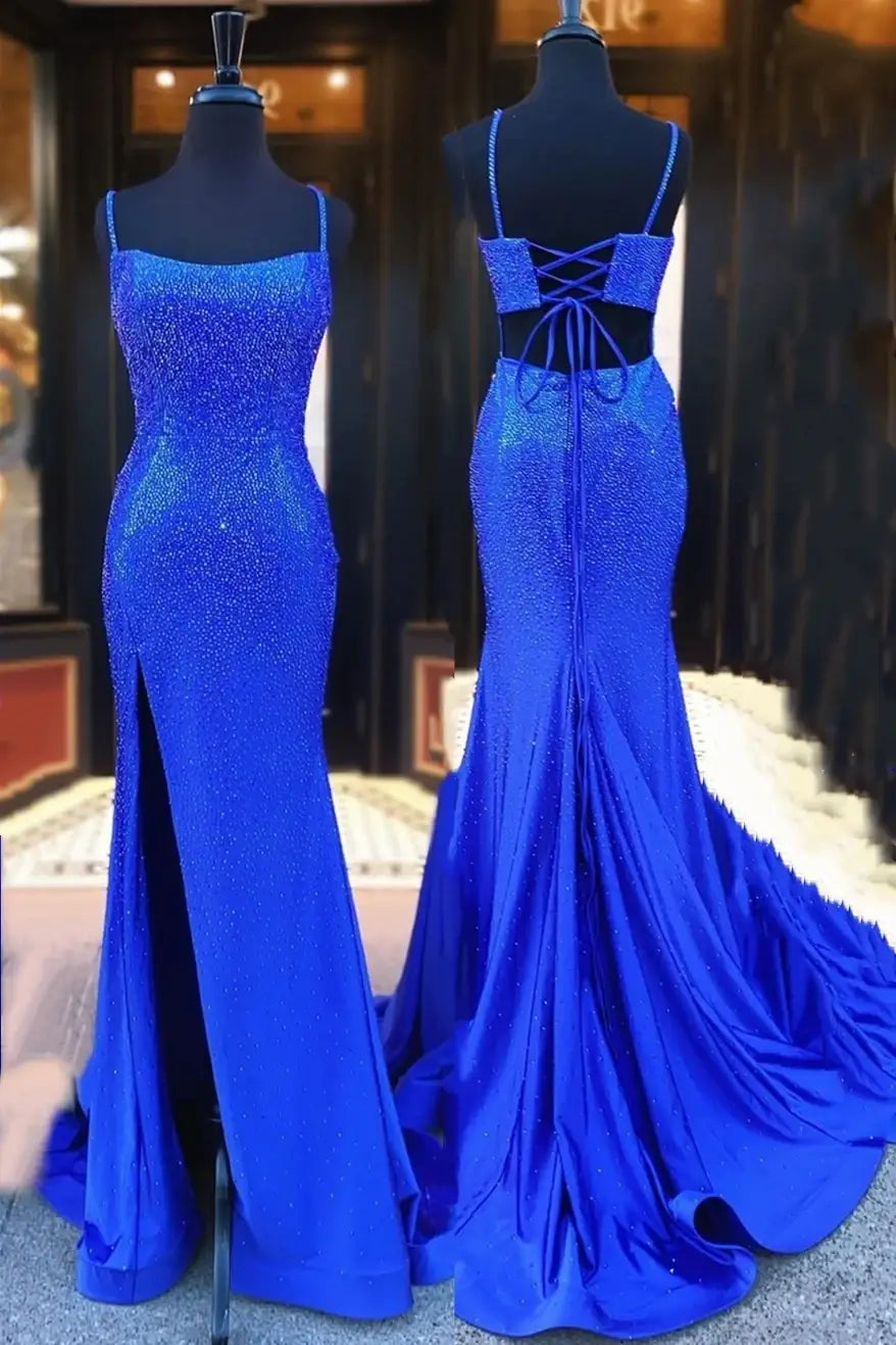 Royal Blue Long Mermaid Spaghetti Straps Sequined Satin Prom Dresses