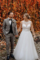 Chic A-Line Jewel Neck Sleeveless Tulle Wedding Dresses