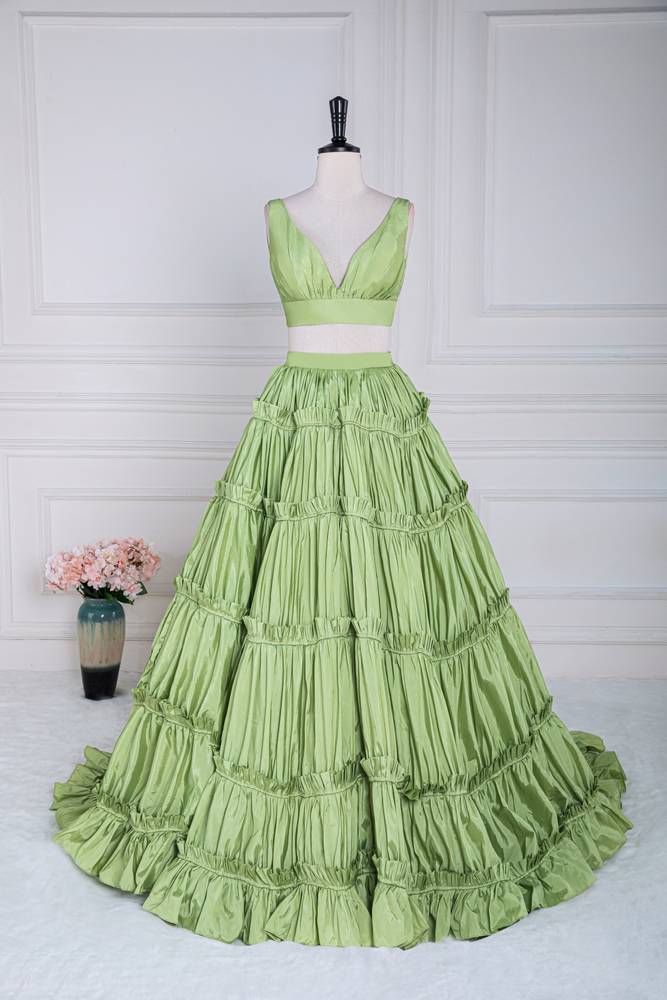 Sage Two-Piece V-Neck A-Line Satin Prom Dresses