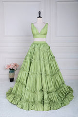 Sage Two-Piece V-Neck A-Line Satin Prom Dresses